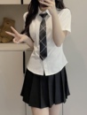 女学院风修身 JK制服纯欲风收腰衬衫 显瘦短袖 上衣绑带学生白色衬衣