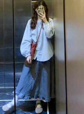 韩系学院风蓝色条纹长袖衬衫女2025春季新款设计感宽松甜美衬衣潮