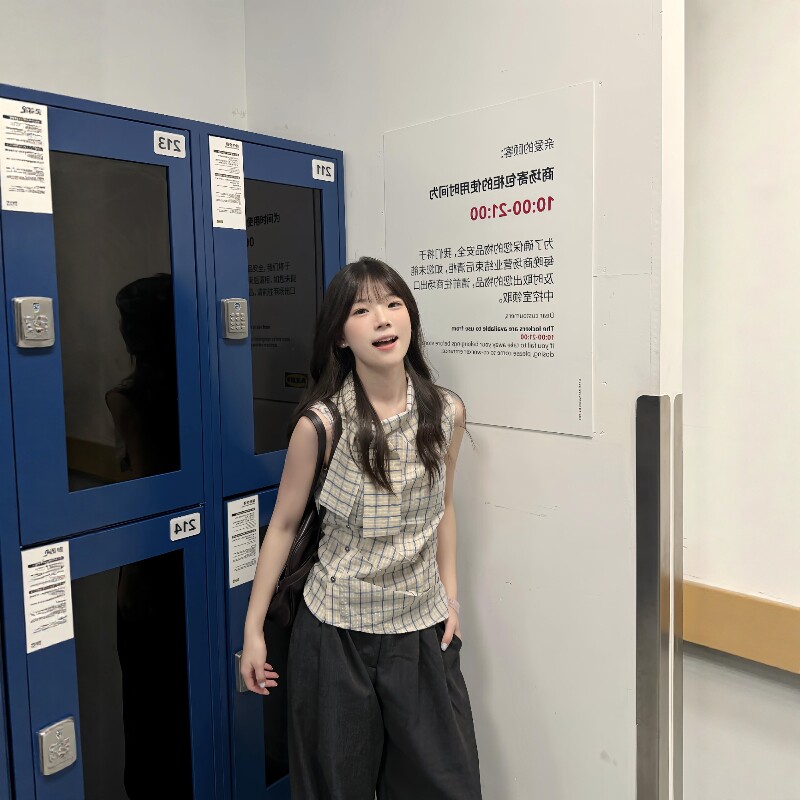 韩系「全棉」格子小高领系带收腰上衣女夏季新款显瘦气质百搭衬衫