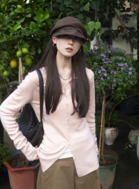 韩系甜美修身纽扣长袖针织衫女2025秋季通勤纯色打底小衫粉色上衣