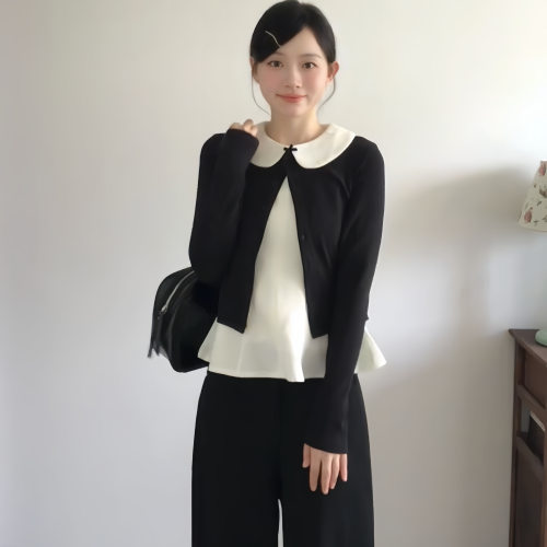 韩系黑色外搭薄款针织开衫外套