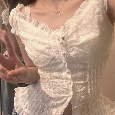 蕾丝拼接花边短袖短袖衬衫修身