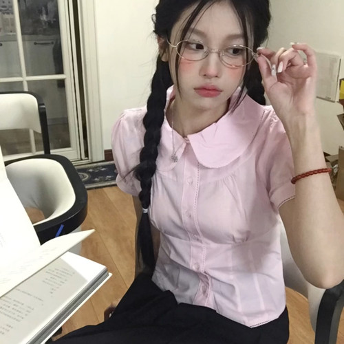 韩系甜美收腰粉色短袖衬衫