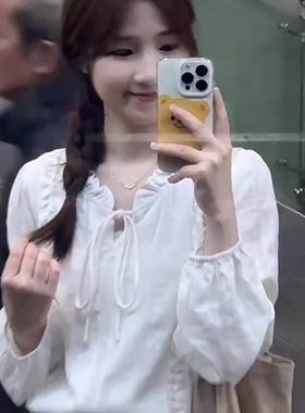 韩系v领气质衬衫女2025新款高级感减龄衬衣法式别致系带白色上衣