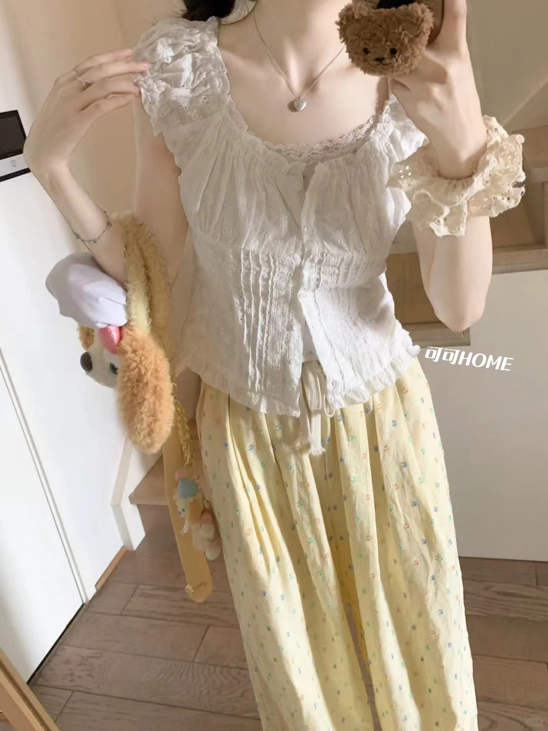 收腰衬衫甜美风波点休闲长裤套装