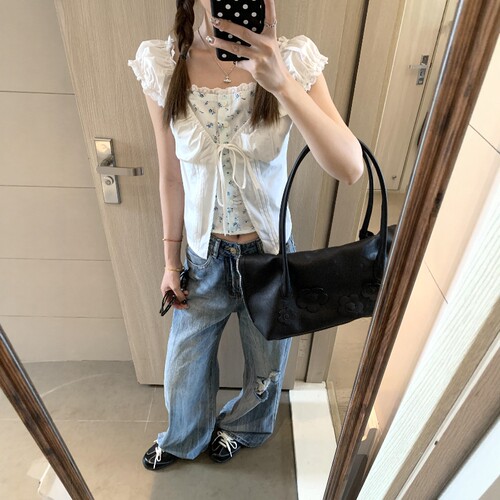 撞色假两件碎花蕾丝腰内收衬衫女