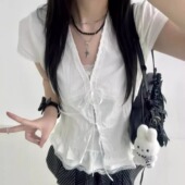 衬衫 女夏季 纯欲肌理感修身 韩系蕾丝花边白色短袖 显瘦系带短袖 上衣