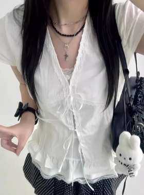 韩系蕾丝花边白色短袖衬衫女夏季纯欲肌理感修身显瘦系带短袖上衣