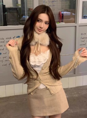 纯欲风针织开衫V领长袖外套女蕾丝吊带背心内搭上衣套装两件套潮