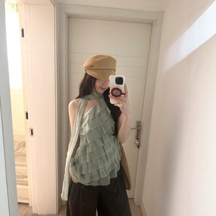 韩系绿野仙踪层叠荷叶边不对称蛋糕层飘带斜肩上衣女夏甜辣妹T恤