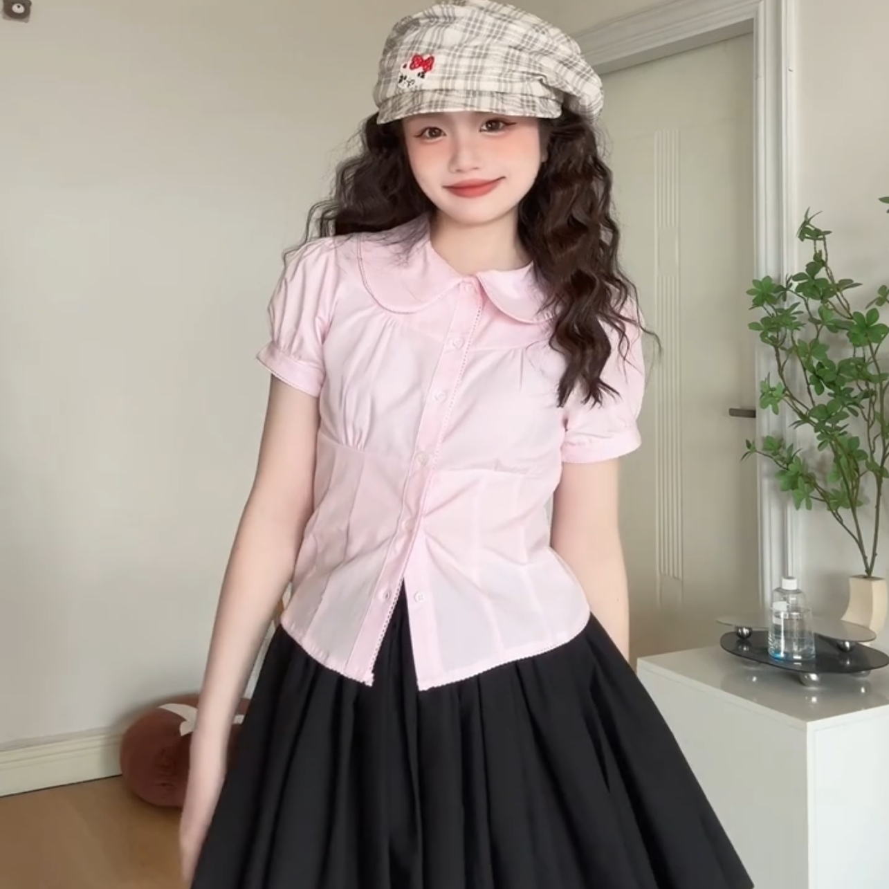 韩系甜美粉色短袖衬衫