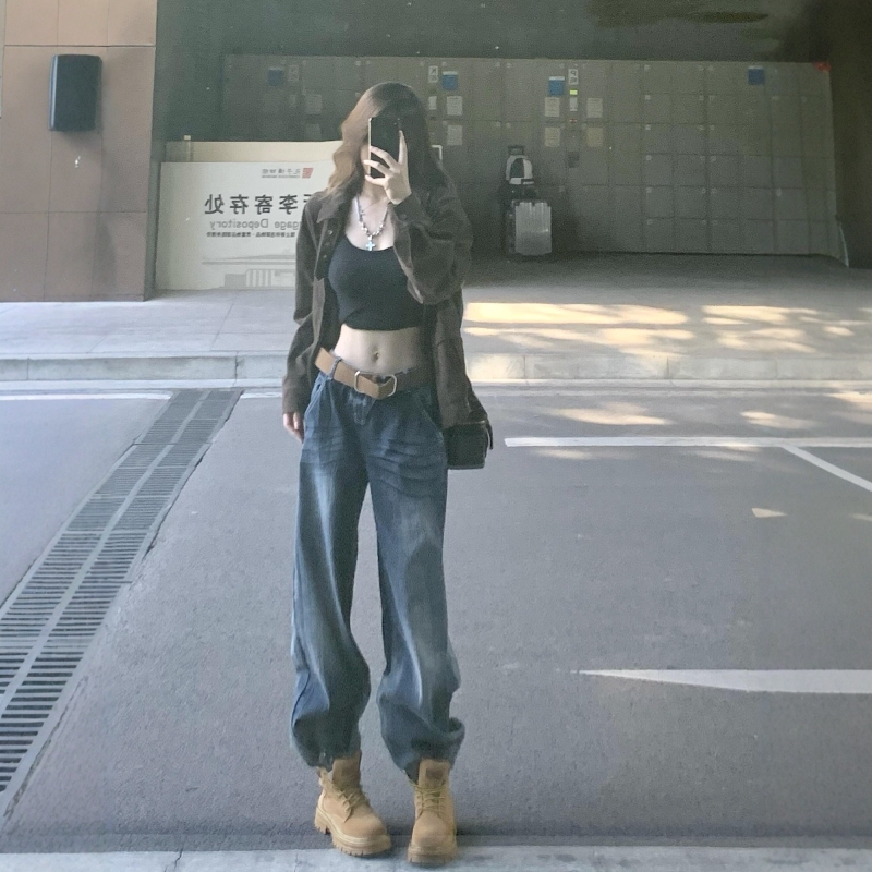 深色水洗做旧高腰阔腿直筒裤女秋