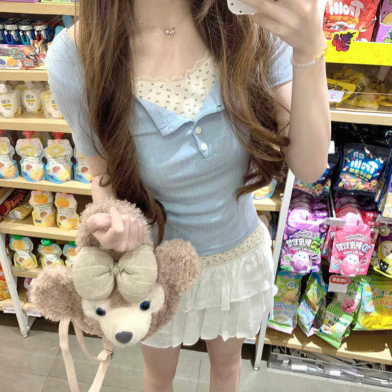 蓝色碎花蕾丝花边假两件短袖t恤夏季纯欲风辣妹修身打底衫女上衣