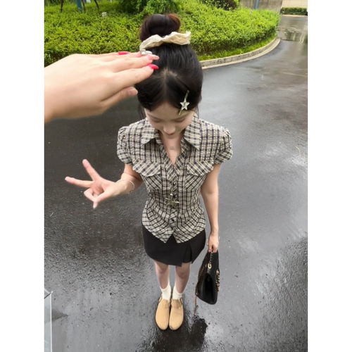 夏季复古格纹短袖衬衫新款上衣女