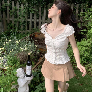 甜美白色蕾丝花边短袖 修身 衬衫 新款 显瘦上衣 一字肩两穿女夏季 法式