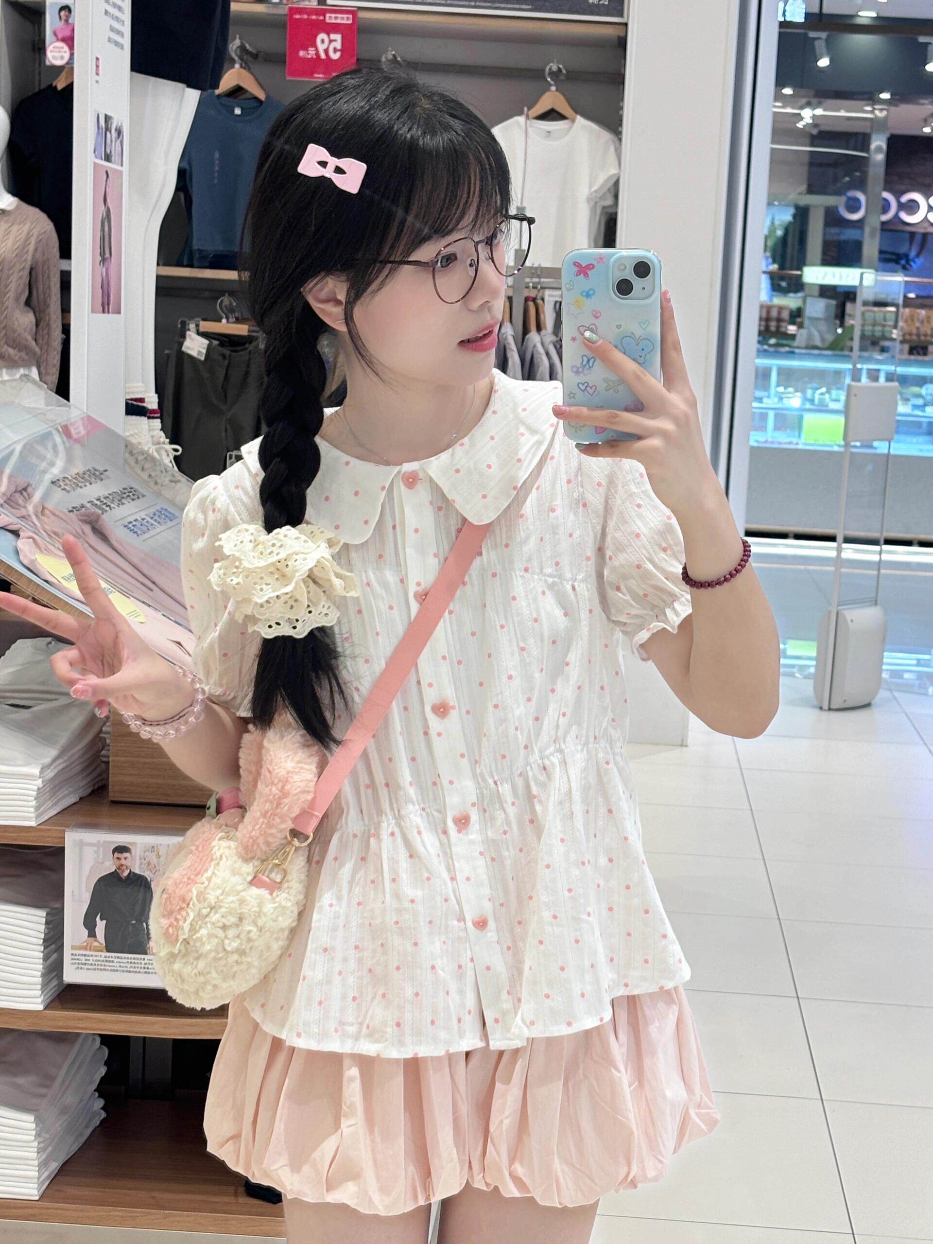 韩版甜美白色娃娃领短袖衬衫女夏季设计感粉色波点泡泡袖衬衣套装