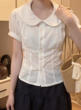 学院风娃娃领白色短袖衬衫女2025夏季新款设计感收腰甜美短款上衣