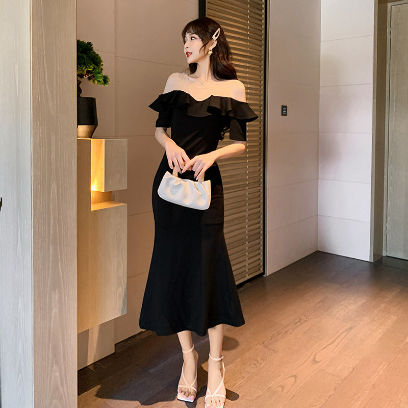 欧洲站名媛礼服裙轻奢小众高端长款一字肩修身显瘦收腰鱼尾连衣裙