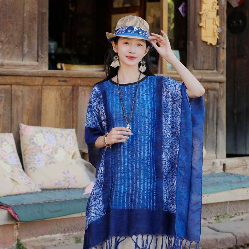 云南扎染披肩云南蓝染披肩扎染披叉苗族蜡染服装民族手工须防晒打,特色手工艺,白族扎染,淘宝优惠券,粉丝福利购,淘宝优惠卷