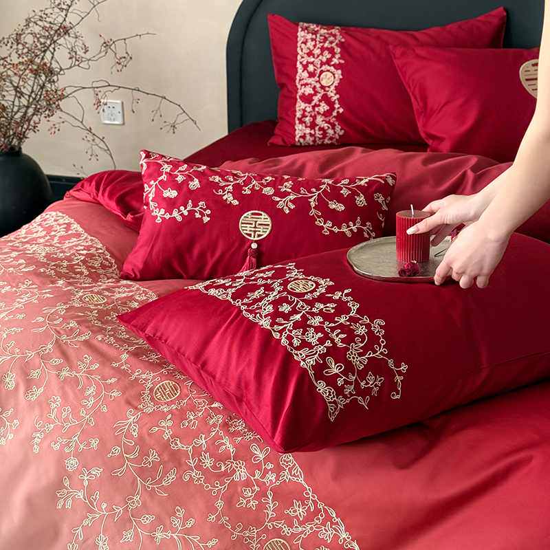 金喜鸟家纺韩式渐变色四件套婚庆结婚全棉红色床品陪嫁喜被上档次