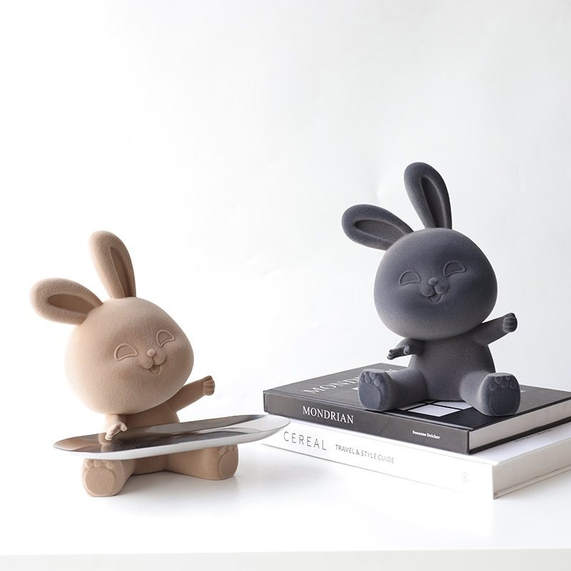 软装饰品摆件房间电视柜树脂动物托盘摆设创意绒带卡通植兔子桌面,家居饰品,桌面摆件,淘宝优惠券,粉丝福利购,淘宝优惠卷