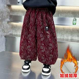 男童加绒裤子秋冬款2025新款小男孩冬季灯笼裤加厚一体绒运动卫裤