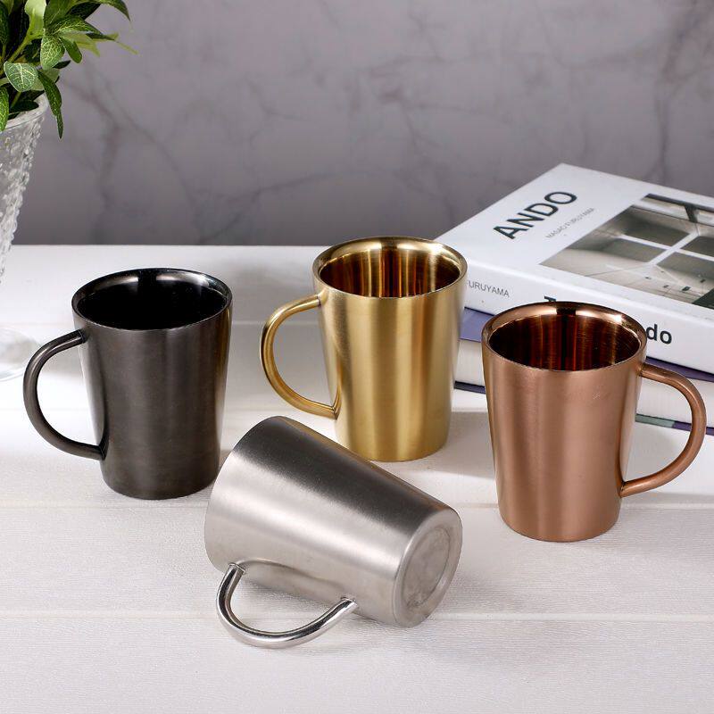 双层隔热304不锈钢水杯子带家用盖有潮州马克杯手柄咖啡杯啤酒杯