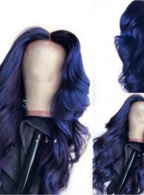 新款直销独立站跨境新品女士蓝色中分长卷假发wigs工厂直销现货假