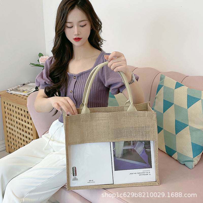 新款 拼接麻袋开窗麻布袋印logo复古黄麻袋diy亚麻手袋棉麻袋