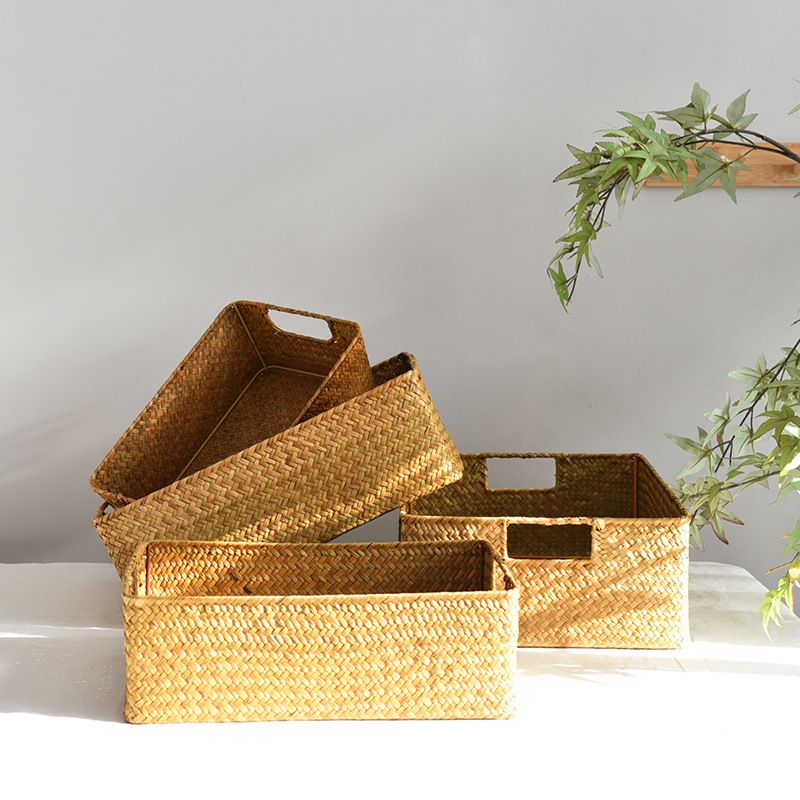 新款直销草编长方形桌面收纳筐整理筐盒编织竹编篮子储物置物篮子