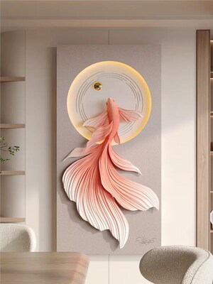 玄关九鱼图立体浮雕装饰画带灯简约现代轻奢高档入户走廊过道挂画