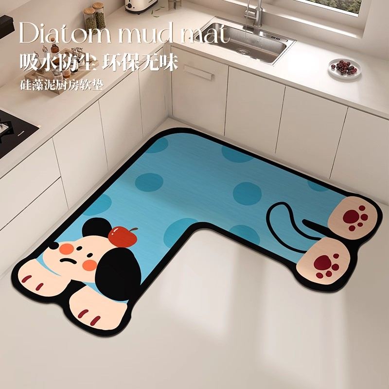 蓝色小狗厨房拐角加厚硅藻泥L型专用地垫防水防油地毯防滑脚垫子