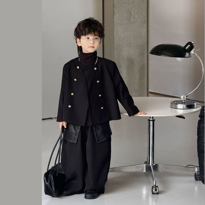 男童西装套装秋冬潮帅气时髦男宝小香风外套加绒儿童走秀炸街西服