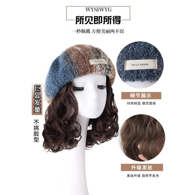 新款直销帽子假发一体女时尚秋冬季贝雷帽短卷发中老年妈妈帽慵懒