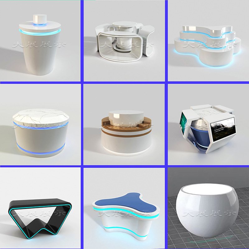 展厅产品异形展示柜圆形发光多层中岛柜台科技感公司样品桌展示台