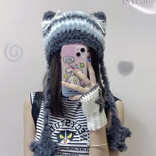 手工diy猫耳帽材料包帽子皮草线编织毛线猫耳朵毛绒冬保暖帽子