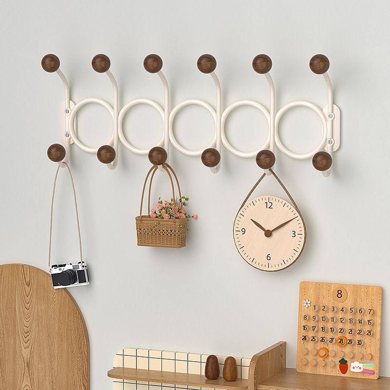 墙上挂衣钩铁艺木球收纳挂钩挂衣架浴室双排客厅粘免墙壁钩打孔钩