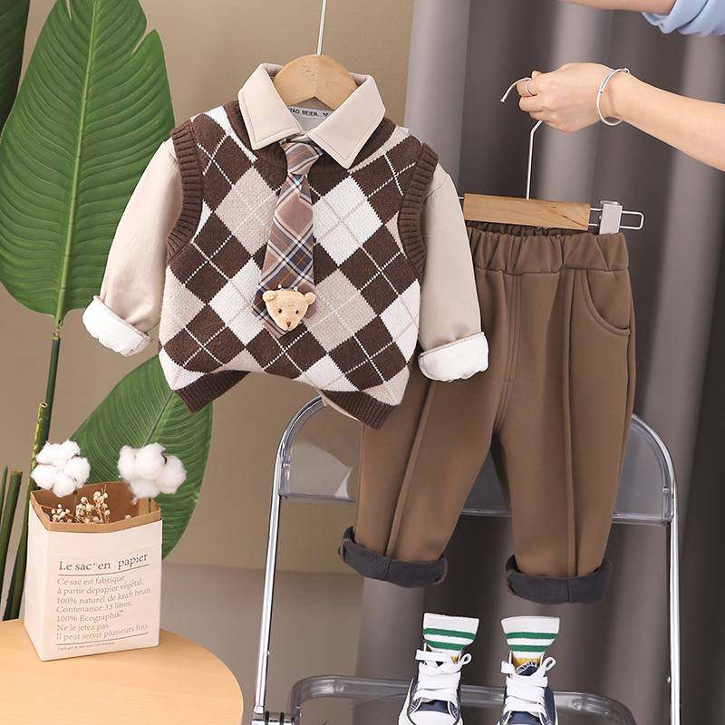 男童冬季衬衫套装1一3岁宝宝冬装帅气儿童毛衣马甲加绒加厚三件套