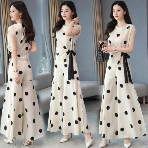 Women's Chiffon Wide Leg Pnts Skirt Suit Polk Dot For W