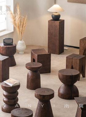 实木墩子边几原木复古树桩酒店摆件底座装饰民宿做旧矮凳创意圆凳