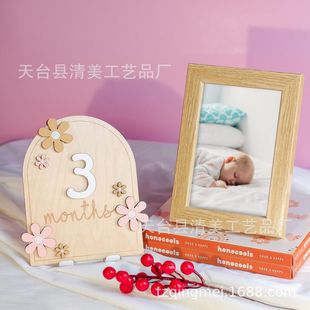 木制婴儿门牌里程碑宝宝周岁派对标志印刷双面出生工艺品纪念品