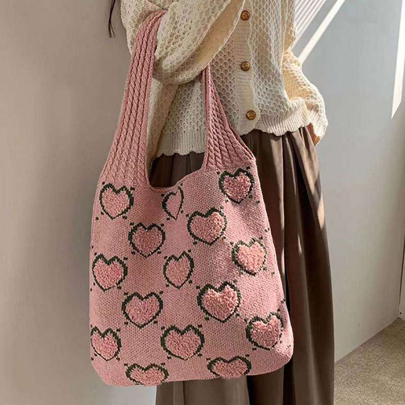 新品 爱心针织托特包大容量小众百搭毛线包包女简约时尚可爱清新,箱包皮具/热销女包/男包,托特包,淘宝优惠券,粉丝福利购,淘宝优惠卷