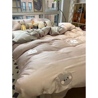 60s天丝淡紫色刺绣小兔子冰丝四件套夏季文艺1.5m米被套床单