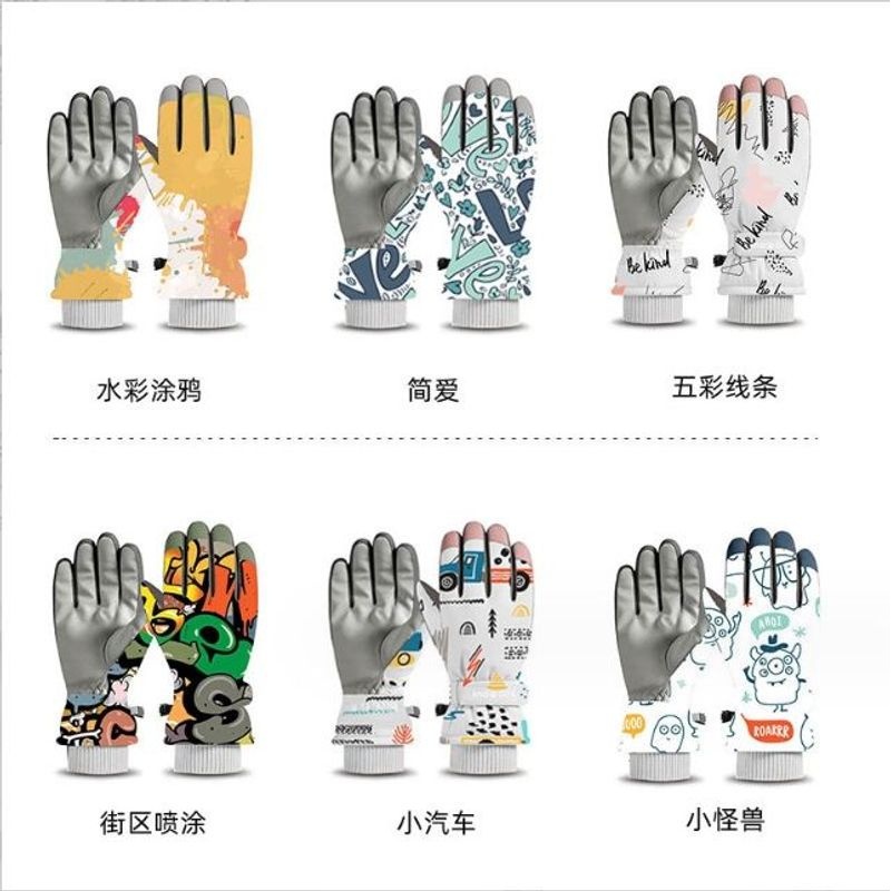 4-12岁儿童滑雪手套男女冬可爱加绒加厚保暖防水防寒五指中童骑行