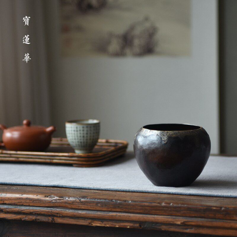 立圆钵鎏银口茶渣水洗手工茶斗茶道笔洗制茶建水铜盂紫铜盂水洗