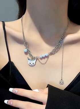 库洛米猫咪反光珍珠拼接项链女夏秋款轻奢多层颈链嘻哈小众锁骨链