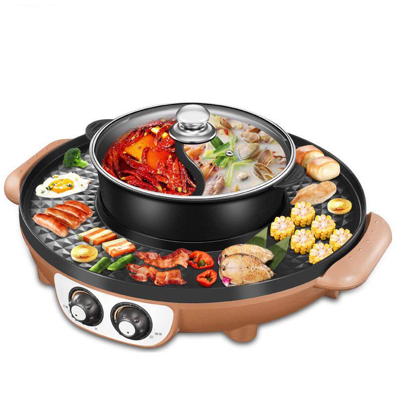 火锅烧烤可分离一体锅家用电烧烤炉无烟涮烤锅电热大号涮烤盘44cm