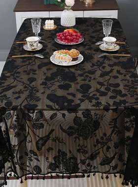 批发纯黑色花鸟图案蕾丝布现代家用穗室内带餐桌简约盖茶几蕾丝布