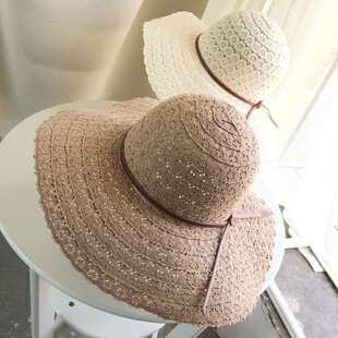 新品 韩国出游蕾丝镂空遮阳帽棉大沿沙滩帽韩版超女夏折叠防晒太