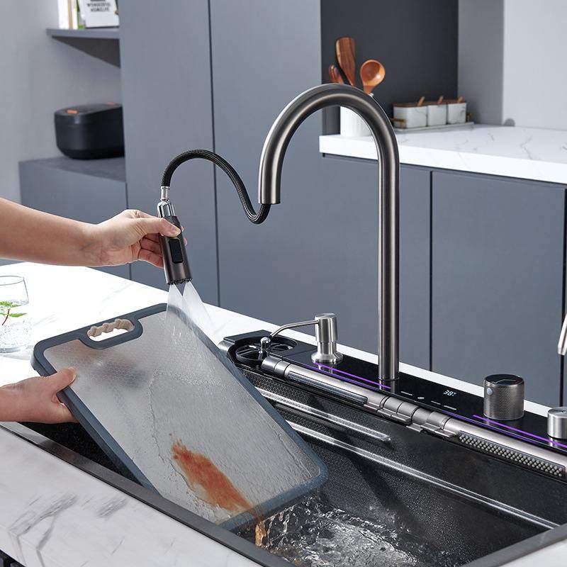 304不锈钢水槽数显飞雨瀑布厨房水槽洗碗池洗菜盆多功能大单槽